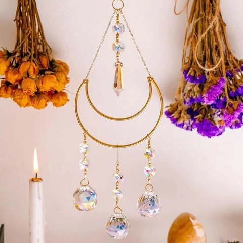 Vintage Kristall Mond Sonnenfänger Hängende Dekoration Mit Prismenball Gold Legierung Mondrahmen Boho Heimdeko Garten Geschenk