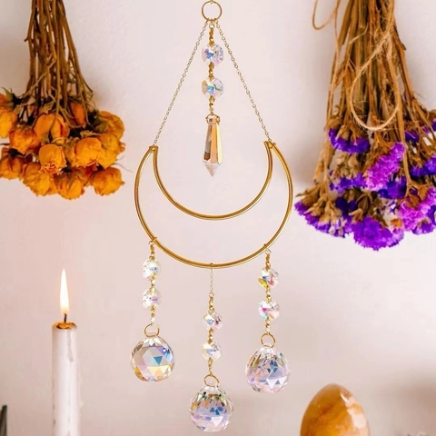 Vintage Kristall Mond Sonnenfänger Hängende Dekoration Mit Prismenball Gold Legierung Mondrahmen Boho Heimdeko Garten Geschenk