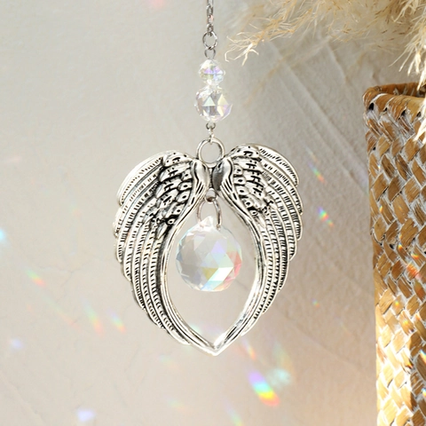 Angel Wings Crystal Hanging Ornament Alloy Heart Shaped Suncatcher Car Rearview Mirror Decor Rainbow Maker Prism
