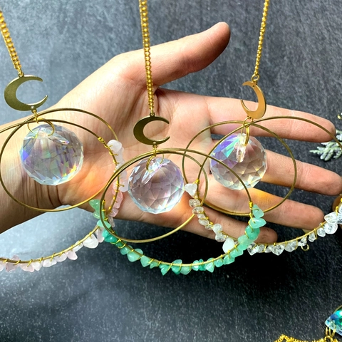 Bohemian Handmade Moon Wind Chime With Natural Stone Chips Faceted Crystal Ball For Window Garden Home Decor Sun Catcher
