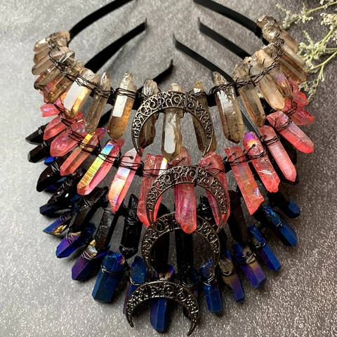 Handmade Bohemian Natural Raw Crystal Moon Headband Gothic Witch Crown Hair Accessory For Women Party Birthday Photography Mysterious Jewelry