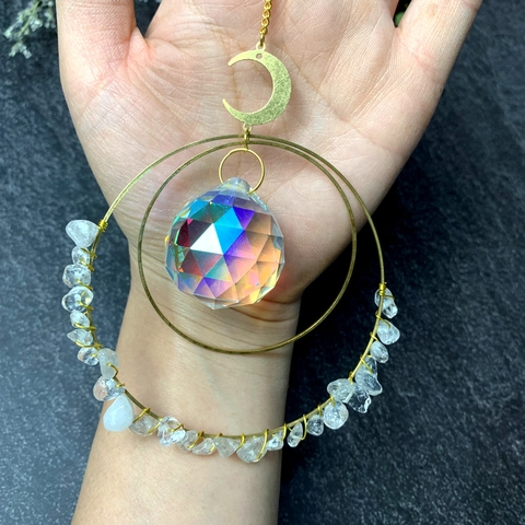 Bohemian Handmade Moon Wind Chime With Natural Stone Chips Faceted Crystal Ball For Window Garden Home Decor Sun Catcher
