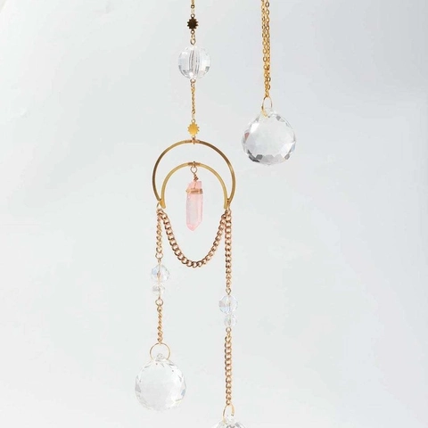 Bohemian Crystal Moon Suncatcher Wind Chime Gold Metal Frame Amethyst Stone Glass Ball Hanging Decoration For Home Window Garden