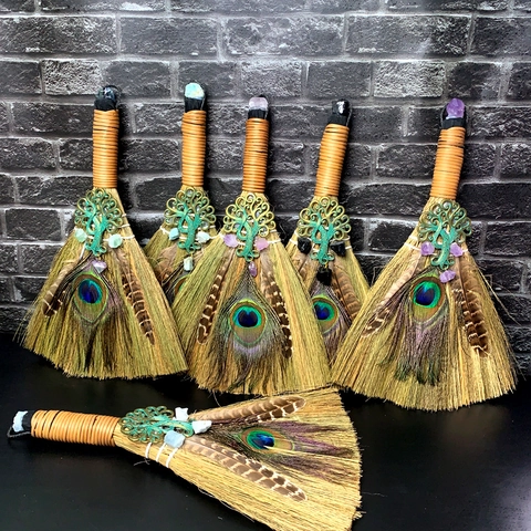 Handcrafted Wiccan Altar Broom With Natural Crystal Tree Of Life And Peacock Feathers Mysterious Home Decor Handwoven Besom For Rituals