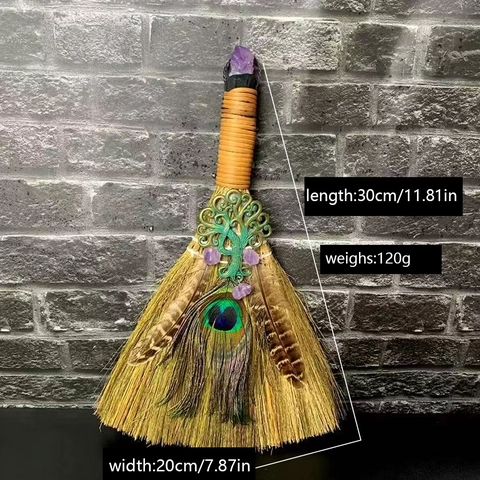 Handcrafted Wiccan Altar Broom With Natural Crystal Tree Of Life And Peacock Feathers Mysterious Home Decor Handwoven Besom For Rituals