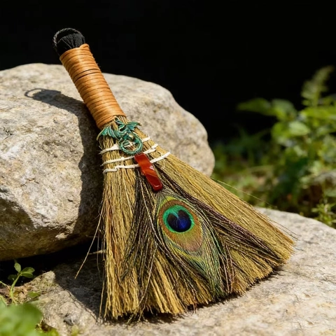 Scopa per Altare Wiccan in Cristallo Naturale Fatta a Mano Con Piuma di Pavone e Ciondolo a Forma di Drago Ornamento Rituale Strega Pagana Decorazione Casa Halloween