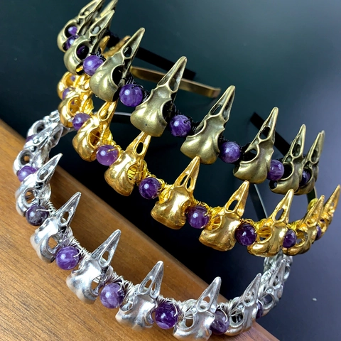 Gothic Crow Skull Headband Amethyst Beads Handmade Wire Wrapped Hair Band Halloween Party Cosplay Women Hair Accessories
