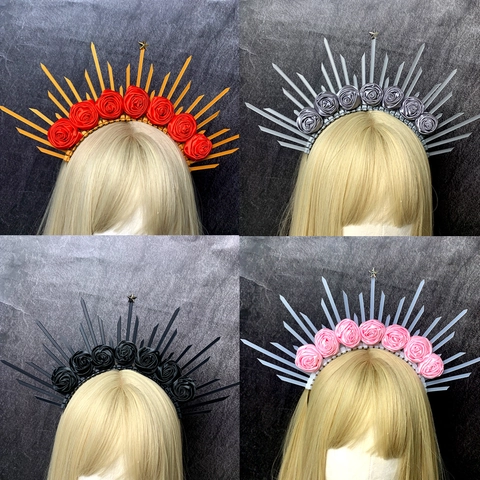 Cerchietto a Corona con Aureola da Dea del Sole Gotica Retrò Vergine Maria Plastica Resina Fatto a Mano Rosa Fiore Stella Cosplay Halloween Festa Donna Accessori Capelli