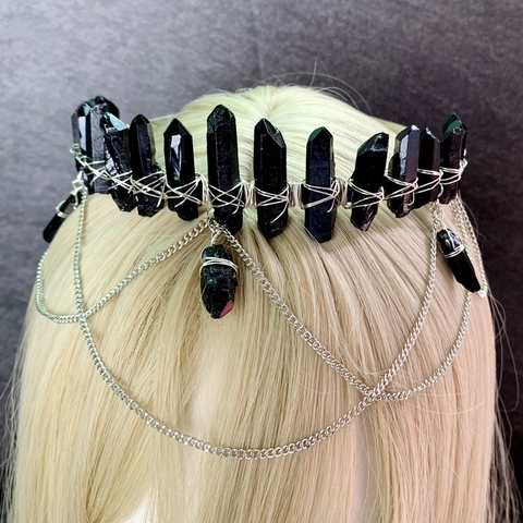 Fascia Corona in Cristallo Gotico Con Nappa a Catena Argentata Tiara da Strega Mistica Accessorio Capelli per Donna Festa Cosplay