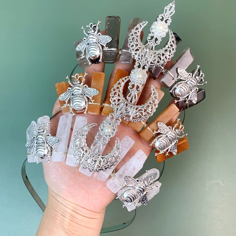 Handmade Natural Crystal Bee Moon Tiara Headband Vintage Bohemian Quartz Crown Hair Accessories For Women Wedding Birthday Party