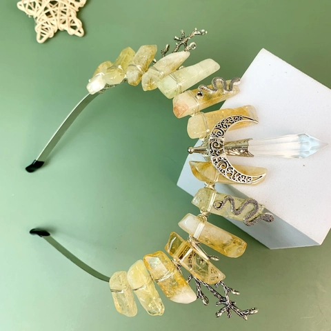 Diadema Corona Bohemia de Cristal Natural Hecha a Mano Con Luna Serpiente Accesorios Decorativos Fiesta Joyería Cabello Mujer