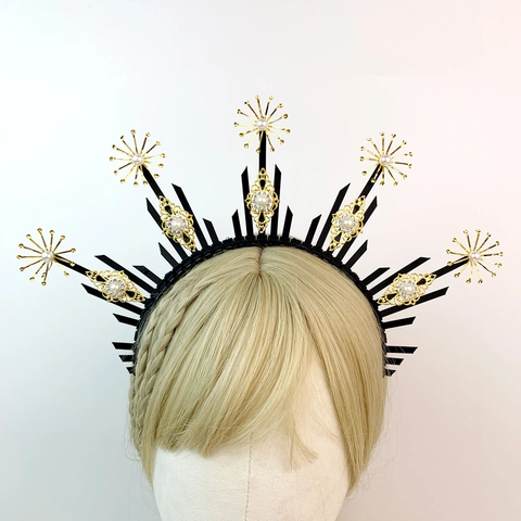 Cerchietto Corona Halo di Maria Gotico Barocco Dea del Sole con Punte Stelle Dorate Perle Artificiali per Halloween Cosplay
