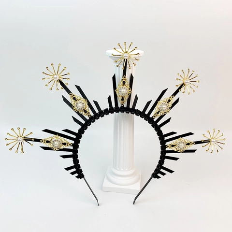 Cerchietto Corona Halo di Maria Gotico Barocco Dea del Sole con Punte Stelle Dorate Perle Artificiali per Halloween Cosplay