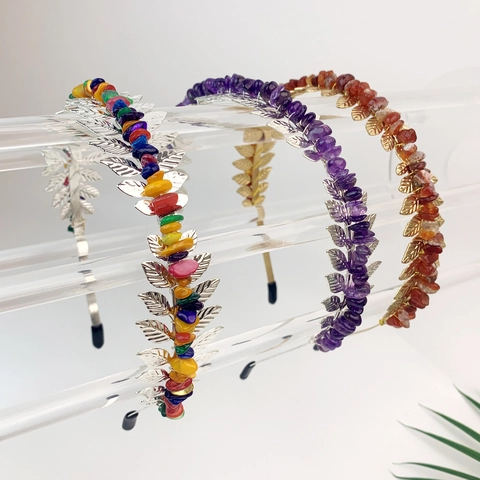Cerchietto a Foglia Bohemien Fatto a Mano Con Cristalli Colorati Pietre Triturate Filo di Metallo Avvolto per Donna Accessorio per Capelli
