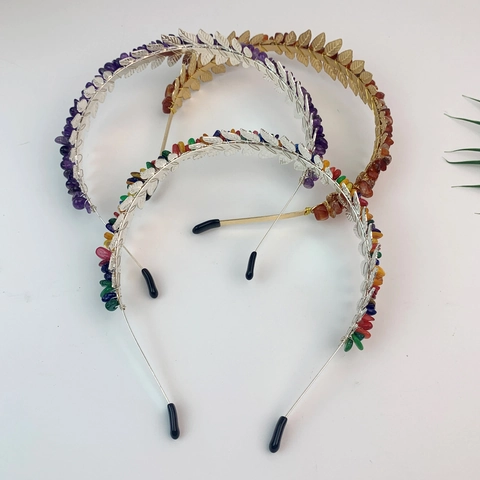 Cerchietto a Foglia Bohemien Fatto a Mano Con Cristalli Colorati Pietre Triturate Filo di Metallo Avvolto per Donna Accessorio per Capelli