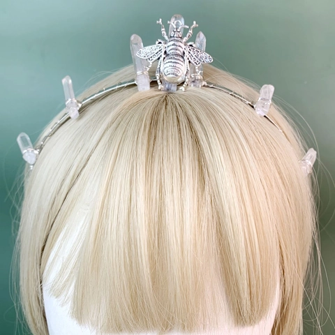 Diadema de Abeja de Cristal Blanco Natural Hecha a Mano Corona de Boda Boho Tocado de Novia Accesorio para el Cabello