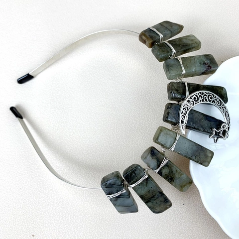 Handmade Natural Labradorite Headband Bohemian Moon Star Crystal Hair Crown Wire Wrapped Gothic Headpiece For Women Party Wedding Jewelry