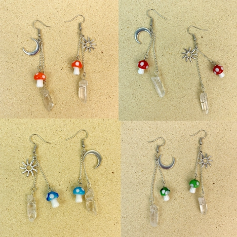 Boucles d'Oreilles Pendantes Asymétriques Vintage Champignon Femme Soleil Lune Quartz Clair Cristal Alliage Bijoux