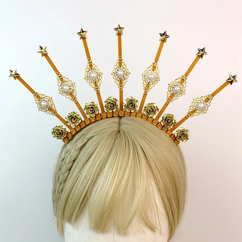 Vintage Goud Maagd Maria Halo Kroon Diadeem Met Sterren Rozen Strass Kunstparel Voor Gothic Cosplay Feest Vrouwen