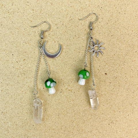 Boucles d'Oreilles Pendantes Asymétriques Vintage Champignon Femme Soleil Lune Quartz Clair Cristal Alliage Bijoux