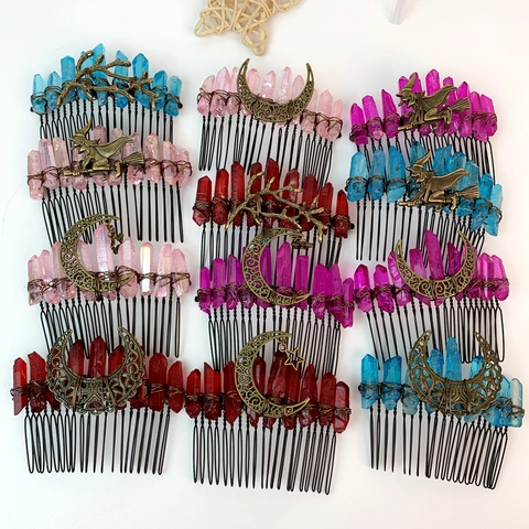 Pettine per Capelli in Cristallo Naturale Fatto a Mano Vintage Bohémien Gotico Luna Strega Ramo Lega Accessori per Capelli Donna