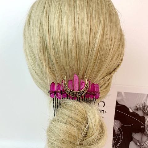 Pettine per Capelli in Cristallo Naturale Fatto a Mano Vintage Bohémien Gotico Luna Strega Ramo Lega Accessori per Capelli Donna