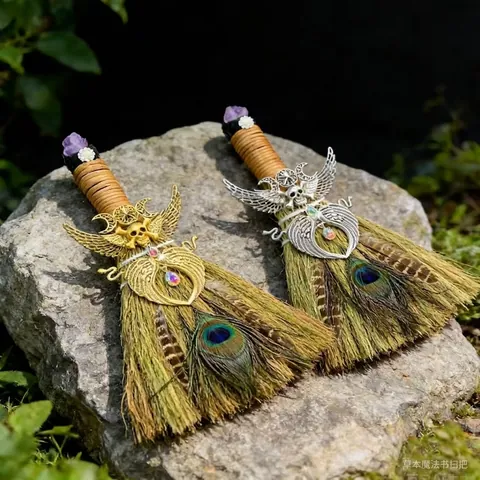 Handgefertigt Wiccan Hexe Besom Mit Amethyst Pfauenfeder Gold Silber Metall Flügel Schädel Ornament Für Halloween Altar Gotisch