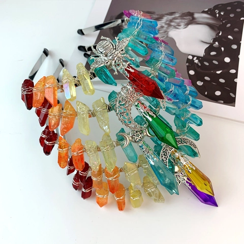 Bohemian Rainbow Crystal Crown Headband Handmade Wire Wrapped Raw Stone Moon Bee Tiara Party Birthday Hair Accessories