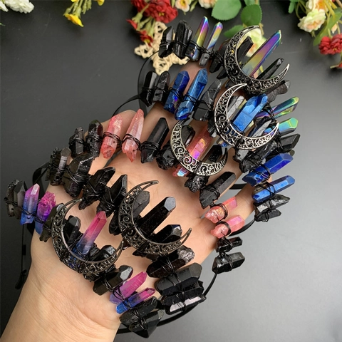 Gothic Crystal Moon Headband Crown Handmade Wire Wrapped Quartz Tiara Bohemian Party Hair Accessories For Women