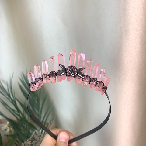 Gothic Rohkristall Mond Krone Stirnband Für Damen Handgefertigt Drahtumwickelt Hexe Pentagramm Dreifachmond Göttin Haarschmuck