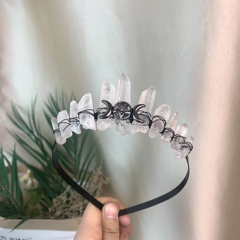 Gothic Rohkristall Mond Krone Stirnband Für Damen Handgefertigt Drahtumwickelt Hexe Pentagramm Dreifachmond Göttin Haarschmuck