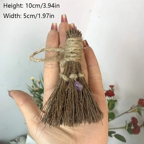 Handmade Mini Witch Broom Pendant Crystal Triple Moon Pentagram Natural Wood Halloween Altar Car Keychain Accessory