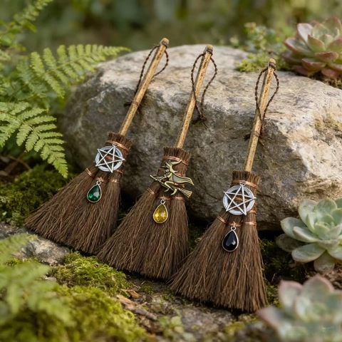 Colgante de Mini Escoba de Bruja Hecho a Mano de Madera Con Strass Gota de Agua Dijes Halloween Adorno para Colgar