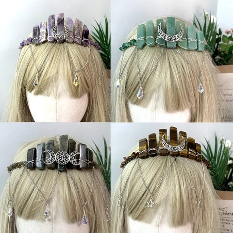 Diadema de Corona de Luna de Cristal en Bruto Hecha a Mano Boho Con Borlas de Cadena Estilo Bosque Boda Accesorios de Pelo