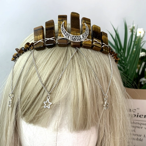 Diadema de Corona de Luna de Cristal en Bruto Hecha a Mano Boho Con Borlas de Cadena Estilo Bosque Boda Accesorios de Pelo