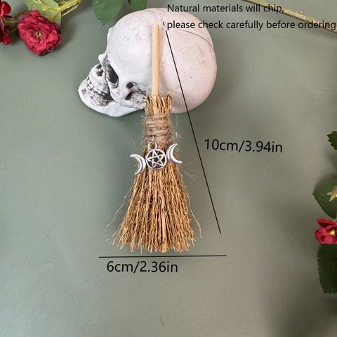 Handcrafted Mini Witch Broom Altar Decoration Halloween Gothic Natural Straw Wood Besom With Alloy Symbol Pendants Crystal Ornaments