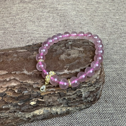 Bracciale di Perline in Quarzo Fragola Naturale Con Distanziatori a Fiore Placcati Oro Ciondolo in Zirconia Gioielli