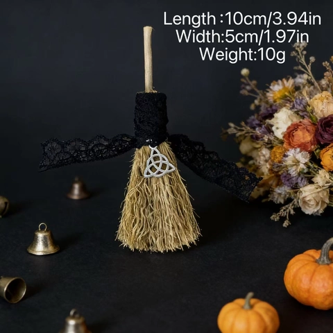 Scopa da Strega Mini Fatta a Mano Con Pizzo Fiori Secchi Ciondolo in Metallo Scopa di Paglia Decorativa per Halloween Altare Casa