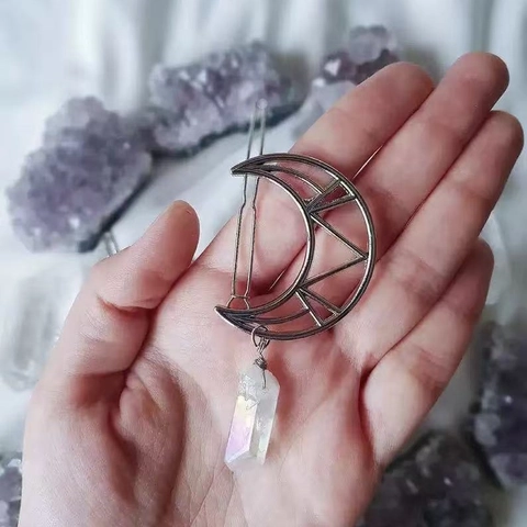Fermaglio per Capelli in Cristallo Naturale a Luna Fatto a Mano per Donna Forcina in Lega d'Argento Geometrica Bohemien Gioielli