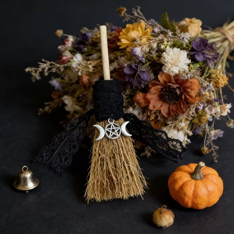 Scopa da Strega Mini Fatta a Mano Con Pizzo Fiori Secchi Ciondolo in Metallo Scopa di Paglia Decorativa per Halloween Altare Casa