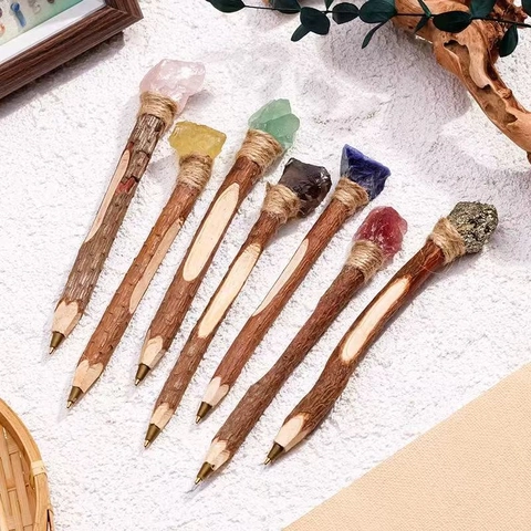 Penna a Sfera in Legno Naturale Fatta a Mano Con Cristallo Stile Foresta Bohémien Penna da Scrittura Regalo Unico per Ufficio Casa