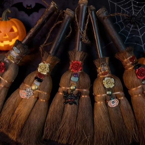 Χειροποίητη Σκούπα Μάγισσας Halloween Με Φυσικούς Κρυστάλλους Και Γοτθικά Μενταγιόν Για Διακόσμηση Σπιτιού Πάρτι Δώρο