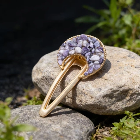 Natural Crystal Gravel Moon Hair Clip Handmade Gold Alloy Moon Shape Hairpin Bohemian Stone Hair Accessories For Women Gift