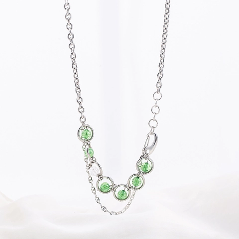 Trendige Edelstahl Zwelagige Halskette mit Grünen Crackle-Glasperlen Punk Gespleißte Kette Halskette für Damen Herren Schmuck