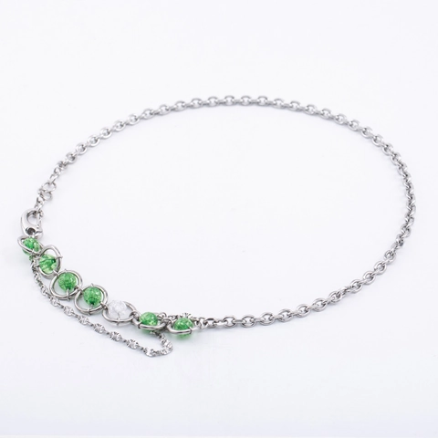 Trendige Edelstahl Zwelagige Halskette mit Grünen Crackle-Glasperlen Punk Gespleißte Kette Halskette für Damen Herren Schmuck