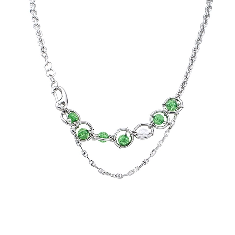Titanium Steel Splicing Green Cracked Bead Suspended Necklace Unisex Personalized Double Layer Clavicle Chain Jewelry Gift