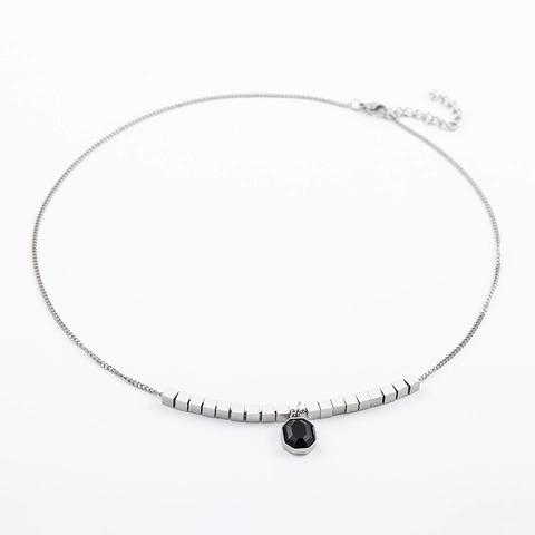 Collier Pendentif en Pierre Noire Octogonale en Acier Inoxydable Minimaliste Chaîne Cubaine avec Perles Carrées Argent pour Hommes Femmes Bijoux Streetwear