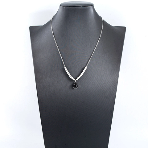 Collier Pendentif en Pierre Noire Octogonale en Acier Inoxydable Minimaliste Chaîne Cubaine avec Perles Carrées Argent pour Hommes Femmes Bijoux Streetwear