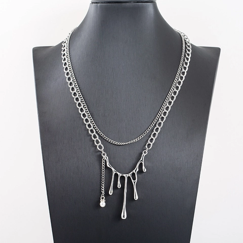 Titaniumstaal Dubbele Laag Halsketting Kunstparel Lava Druppelende Vloeibare Hanger Geometrische Traan Punk Coole Unisex Sieraden