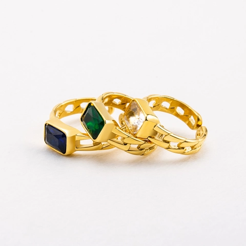 Bague Ouverte en Acier Inoxydable Plaqué Or avec Zircone Rectangulaire Taille Émeraude Bijoux de Luxe pour Femmes